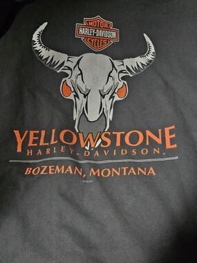 Harley-Davidson Black Tee with Orange & Gray Yellowstone Skull Graphic